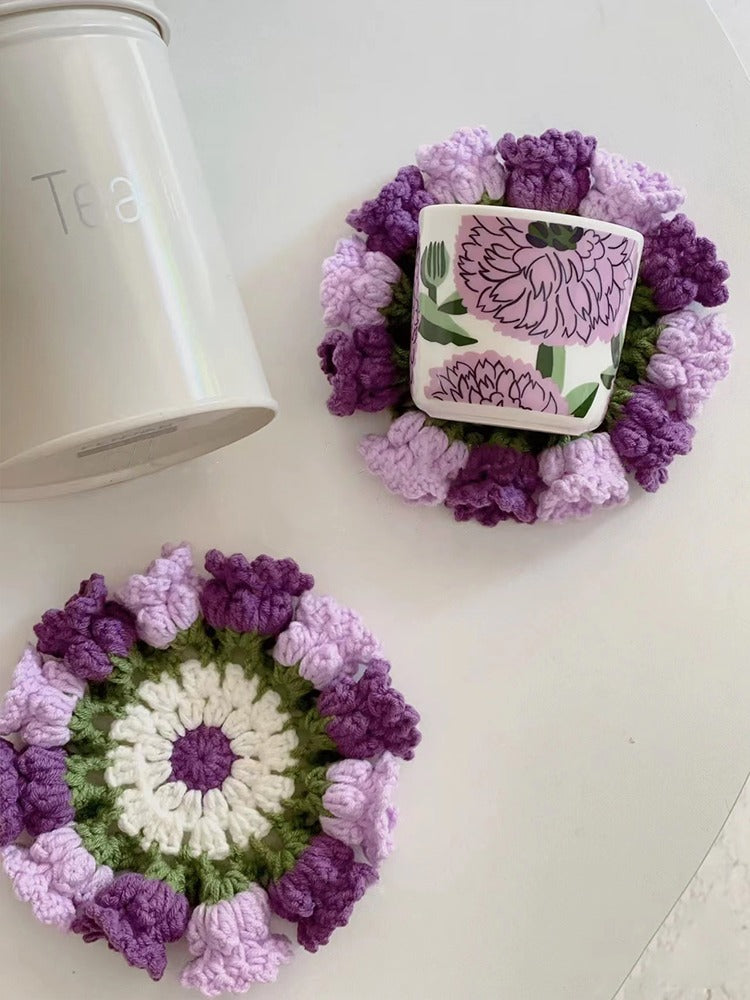 Crochet Material Kit for Purple Flower Knitted Coaster with Tools Included