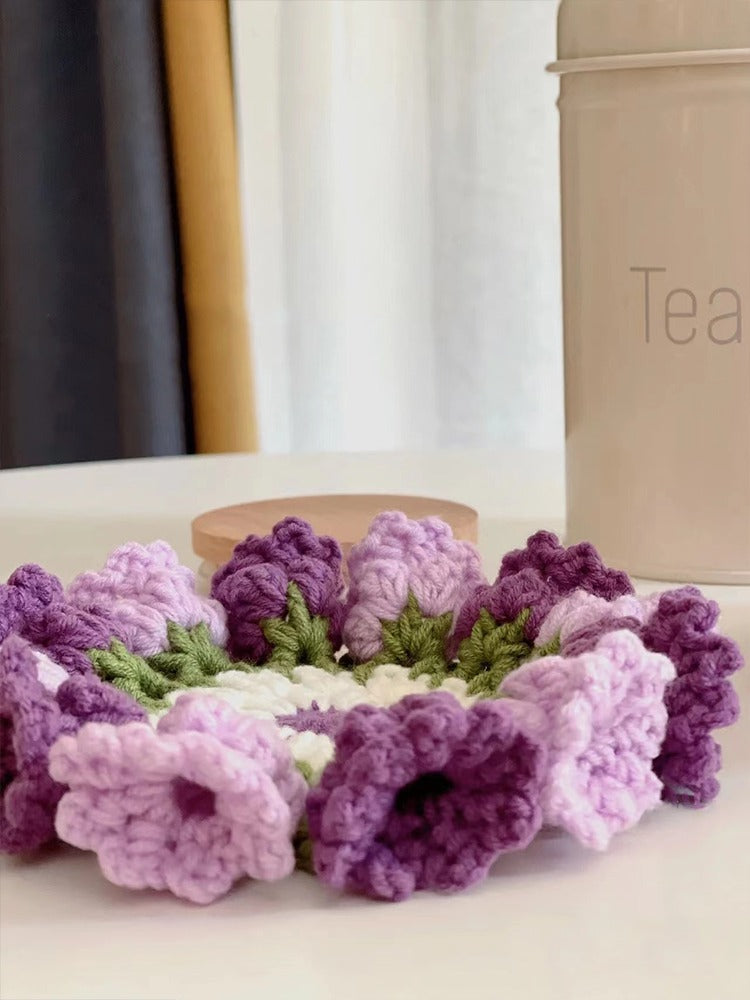 Crochet Material Kit for Purple Flower Knitted Coaster with Tools Included