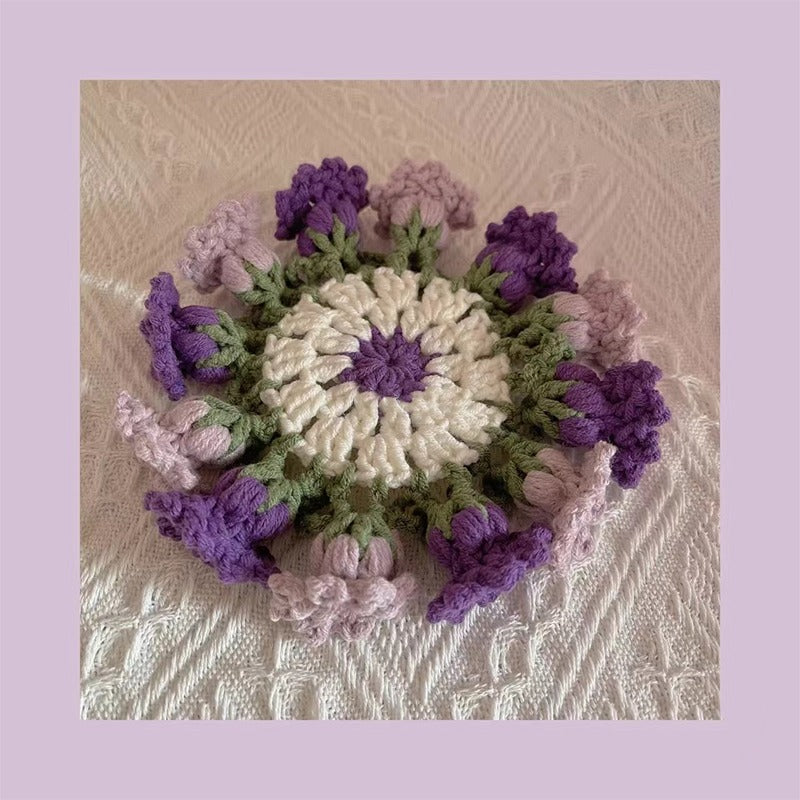Crochet Material Kit for Purple Flower Knitted Coaster with Tools Included