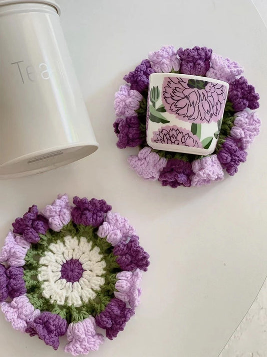 Crochet Material Kit for Purple Flower  Knitted Coaster with Tools Included